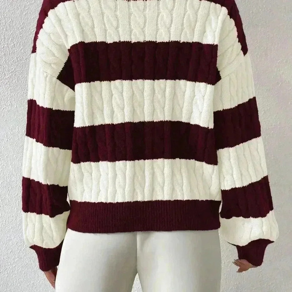 Red Violet Casual Women's Two Tone Cable Knit Drop Shoulder Sweater - Picture 2 of 6